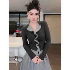 批发大码撞色木耳边内搭打底衫假两件长袖T恤女秋冬胖MM遮肉<b class='q'>显瘦</b>上衣