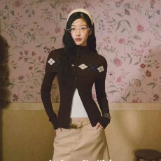 批发LaluneDuCiel 格纹设计<b class='q'>长袖</b>开衫披肩针织衫女套装毛衣<b class='q'>外套</b>秋上衣