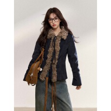 批发蓝色复古麂皮绒外套女2025<b class='q'>秋</b>冬季新款皮毛一体高级感修身夹克上衣