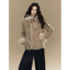 批发LIZIXIAN李梓仙蝴蝶结撞色收腰皮毛一体外套女2025年新款小个子