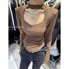 批发高级感U领鱼骨长袖<b class='q'>T</b><b class='q'>恤</b>秋冬修身显瘦内搭打底衫上衣