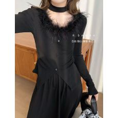 批发v领仿<b class='q'>羊绒</b>褶皱连衣裙女气质收腰长裙长袖开叉裙子