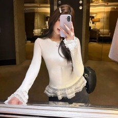 批发地球店白色精致蕾丝边打底针织衫女冬季内搭显瘦修身长袖T恤上衣