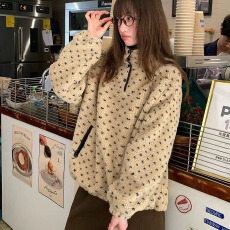 批发RAINY 立领保暖撞边羊羔毛卫衣冬季女抽绳套头拉链口袋宽松外套