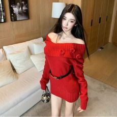 批发纯欲一字领针织长袖连衣裙秋<b class='q'>冬</b>季性感辣妹露肩红色毛衣包臀短裙子