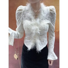 批发V领毛毛拼接高级感修身显瘦百搭时髦性感打底上衣