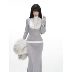 批发【下周六】加厚灰色裙子假两件长袖高领上衣鱼尾半身裙套装女秋冬