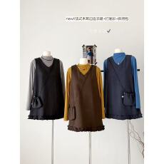 批发2025秋冬新气质木耳边马甲连衣裙配小包+半高领叠穿长袖T恤三件套