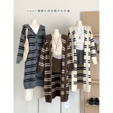 安火火韩系慵懒复古条纹连帽针织开衫女秋冬宽松软糯长款毛衣外套