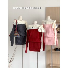 批发Moster Timnothy原创一字肩蝴蝶结厚款<b class='q'>连衣裙</b>氛围感针织长袖毛衣