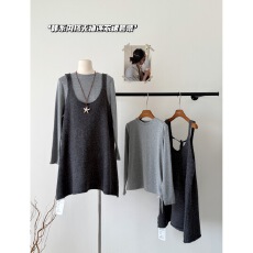 批发韩系学院风减龄套装女秋冬新款小个子<b class='q'>宽松</b>显瘦吊带裙打底衫两件套