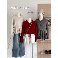 批发韩系慵懒风<b class='q'>羊绒</b>v领针织毛衣女两件套装抽绳短裙2025秋冬新款加厚