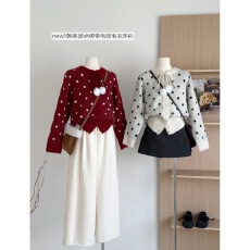 批发hollyii 韩系<b class='q'>圆领</b>保暖绑带毛球点点单排扣毛衣女<b class='q'>针织</b>衫冬2025新款