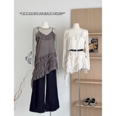 批发早春韩系不规则层次感<b class='q'>荷叶边</b>吊带裙T恤两件套气质叠穿打底<b class='q'>连衣裙</b>