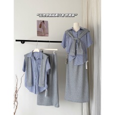 批发韩系<b class='q'>学院风</b>条纹<b class='q'>衬衫</b>套装女2026夏季新盐系休闲半身裙两件套配披肩