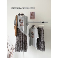 批发慵懒风设计感花边拼接<b class='q'>T</b><b class='q'>恤</b>+雪纺豹纹蛋糕裙套装女小个子穿搭两件套