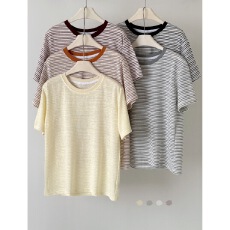 批发韩系慵懒松弛感条纹<b class='q'>T</b>女夏2026薄款亲肤透气撞色领基础款短袖上衣