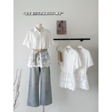 批发高级感白色蕾丝拼接短袖衬衫女2026夏季新收腰显瘦气质衬衣配腰带