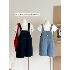 批发韩系减龄牛仔背带短裤女夏2026宽松<b class='q'>阔</b><b class='q'>腿</b>显瘦小个子百搭连体背带裤