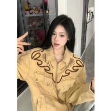 批发美式复古西部春秋季新款牛仔外套女拉链刺绣夹克宽松个性情侣上衣
