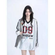 批发美式复古条纹运动球衣球服<b class='q'>T</b><b class='q'>恤</b>男女休闲宽松设计长袖情侣上衣卫衣