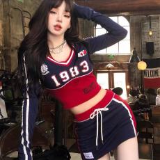 批发美式啦啦队复古辣妹套装长袖V领印花运动休闲上衣包臀短裙两件套