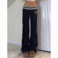 批发美式简约宽边条纹低腰休闲裤女春<b class='q'>夏季</b>新款基础百搭数字运动裤卫裤