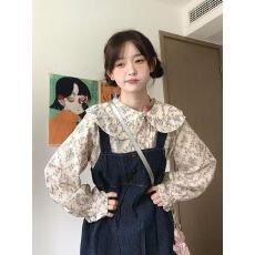 批发一整套穿搭甜美学院风蝴蝶结牛仔背带<b class='q'>连衣裙</b>女叠穿碎花娃娃领衬衫