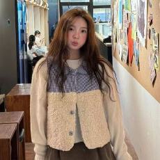 批发设计感格子拼接毛绒绒马甲外套女秋<b class='q'>冬</b>2025新款POLO领宽松叠穿上衣