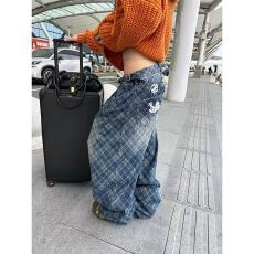 批发美式复古水洗做旧格纹牛仔裤男女同款宽松直筒休闲百搭阔腿长裤子