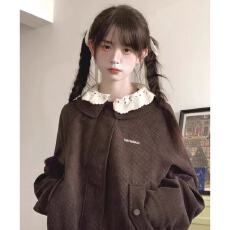 批发复古学院风撞色<b class='q'>蕾丝</b>拼接夹克外套女秋设计感小众气质宽松上衣开衫