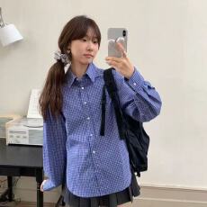 批发韩系复古蓝色<b class='q'>格子</b><b class='q'>衬衫女</b>字母绣花学院风长袖格纹衬衣2025新款上衣