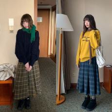 批发学院风宽松A字格纹毛呢中裙秋冬女高腰<b class='q'>百搭</b>格子百褶半身裙