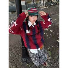 批发美式复古球衣风条纹提花V领毛衣<b class='q'>男</b>女同款宽松学院风针织衫ins上衣