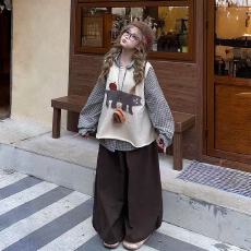 批发韩系复古慵懒风格子宽松长袖衬衫女叠穿卡通背心马甲毛衣两件套装