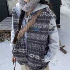 批发【双面穿】2025秋冬新款美式复古羊羔毛<b class='q'>马甲</b>女费尔岛提花棉服<b class='q'>外套</b>