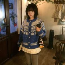 批发<b class='q'>韩版</b>慵懒风复古蓝色费尔岛<b class='q'>毛衣</b>开衫外套女秋冬新款宽松加厚针织衫