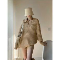批发美式翻领宽松简约休闲针织上衣女秋<b class='q'>冬</b>季新款设计感显瘦短裤两件套