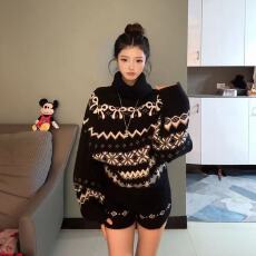 批发韩系穿搭一整套费尔岛提花高领毛衣外套上衣搭配高腰针织短裤女装