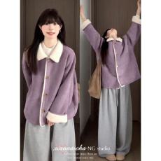 批发温柔风紫色羊羔毛翻领加厚上衣秋冬季2025新款宽松休闲裤子两件套