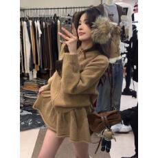 批发韩系学院风针织套装女秋冬款软糯宽松拉链长袖毛衣高腰<b class='q'>短</b>裙两件套