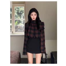 批发2025年时尚设计感小众格子飘带长袖衬衫女高腰气质<b class='q'>包臀</b>短裙两件套