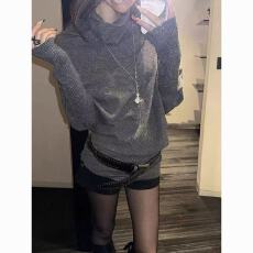 批发灰色堆堆领<b class='q'>长袖</b>针织衫女秋季复古宽松设计感慵懒风蝙蝠袖毛衣上衣