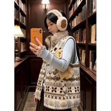 批发复古费尔岛毛领长袖外套女冬季百搭休闲保暖拉链棉袄毛绒夹克