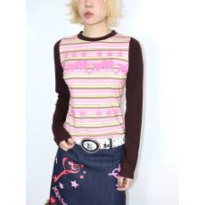 批发<b class='q'>日系</b>辣妹原创古早亚味印花粉系条纹咖色拼袖百搭修身T恤上衣内搭