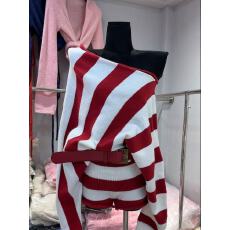 批发2025秋季韩系辣妹复古斜肩撞色条纹针织上衣搭配高腰短裤两件套潮