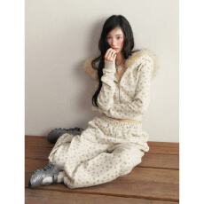 批发碎花短款毛领连帽加绒卫衣外套休闲松紧腰卫裤两件套装女秋季新款