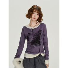 批发假两件<b class='q'>欧美</b>紫色卡通修身圆领长袖爆款