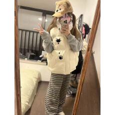 批发马甲女韩版冬季校园风美式高街卡通印花猫爪可爱立领棉服背心外套