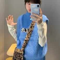 批发趣味小狗提花蓝色毛织马甲女<b class='q'>春</b>秋外穿复古叠穿无袖软糯毛衣坎肩